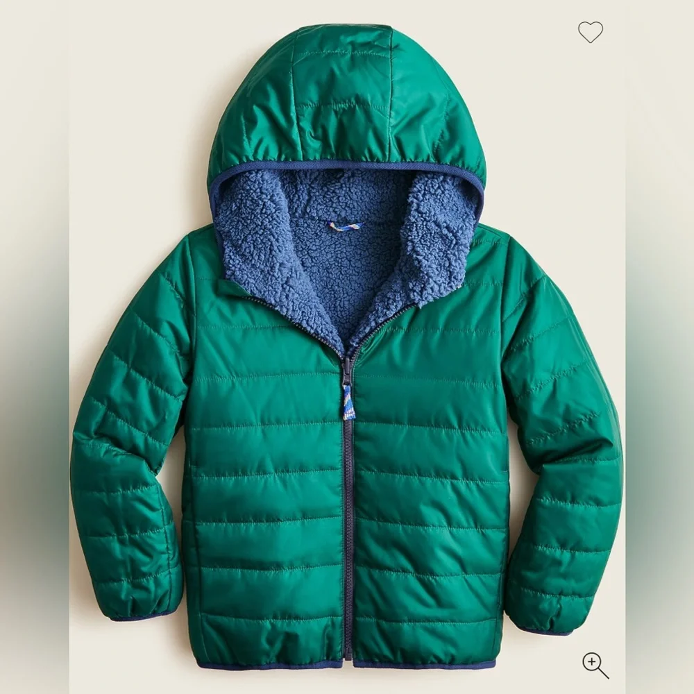 J.Crew Crewcuts Reversible Sherpa Puffer Jacket Pine Green and Blue Size XS